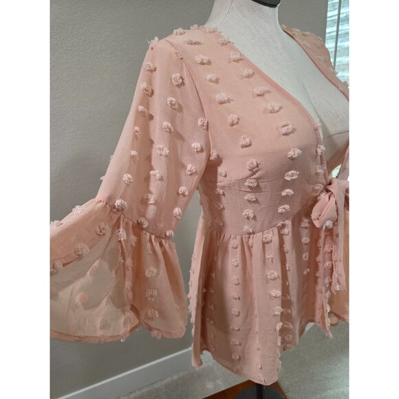 Kori America Pink Swiss Dot Textured Tie-Front Flowy Bell Sleeve Peplum Blouse T - Picture 3 of 5